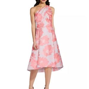 Adrianna Papell pink floral jacquard cocktail high low one shoulder dress size 4